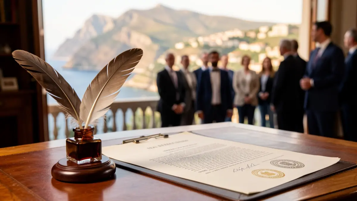 Imagen de un escritorio notarial con documentos y un paisaje canario al fondo.