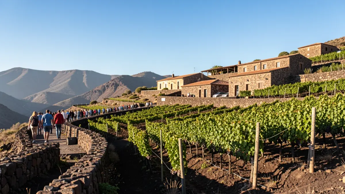 Generic image of vineyards on a volcanic slope with traditional buildings under a blue sky.