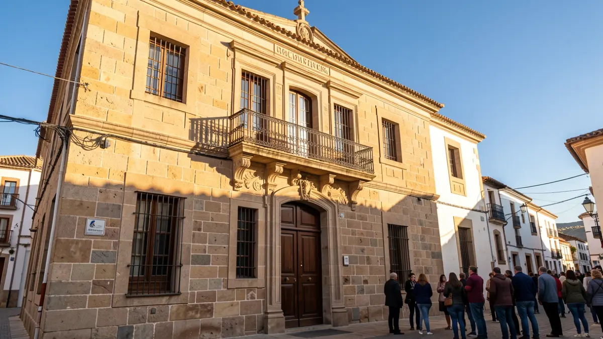 Imagen genérica de la fachada de un ayuntamiento canario con balcón y barandillas de hierro, luz cálida de la tarde, cielo azul.