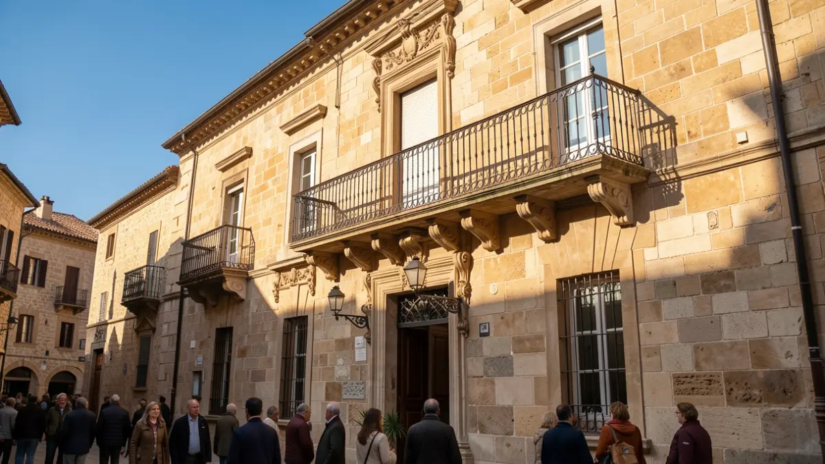 Generic image of a town hall facade with a balcony and iron railings, afternoon light, blue sky.