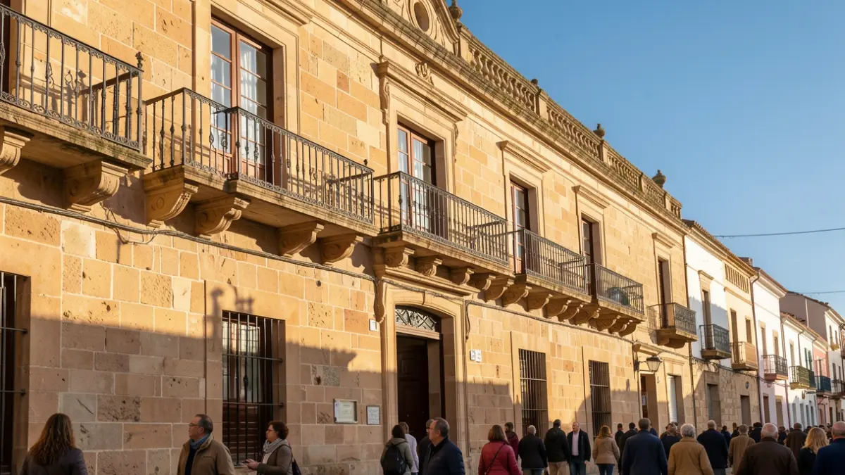 Imagen genérica de la fachada de un ayuntamiento de Canarias con balcón y barandillas de hierro, luz cálida de tarde.