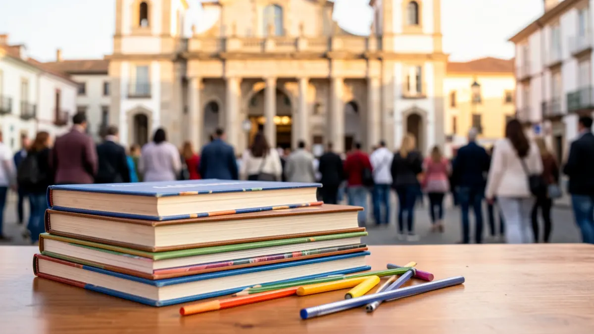 Generic image of textbooks and school supplies on a desk, with a blurred background of a Canarias town hall facade.
