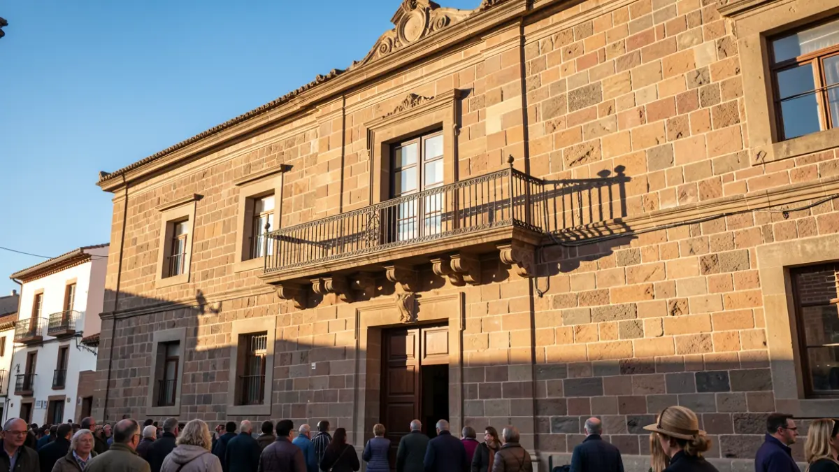 Facade of the Santiago del Teide Town Hall with a balcony and iron railings, under the afternoon sunlight.