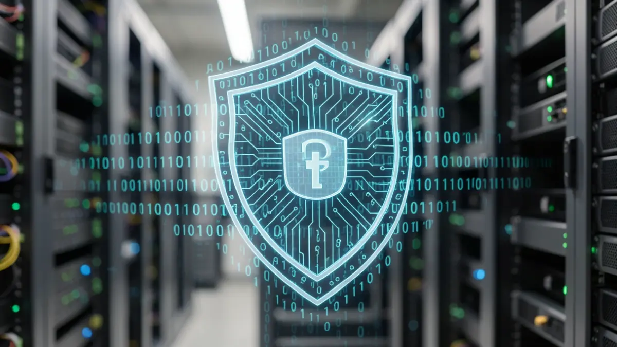 Icono de escudo de seguridad digital con código binario y servidores.