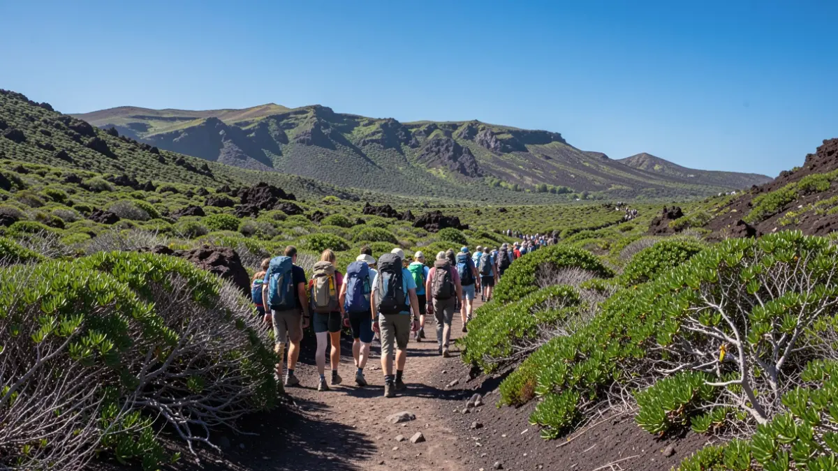 Imagen genérica de un grupo de senderistas en un paisaje volcánico de Canarias.
