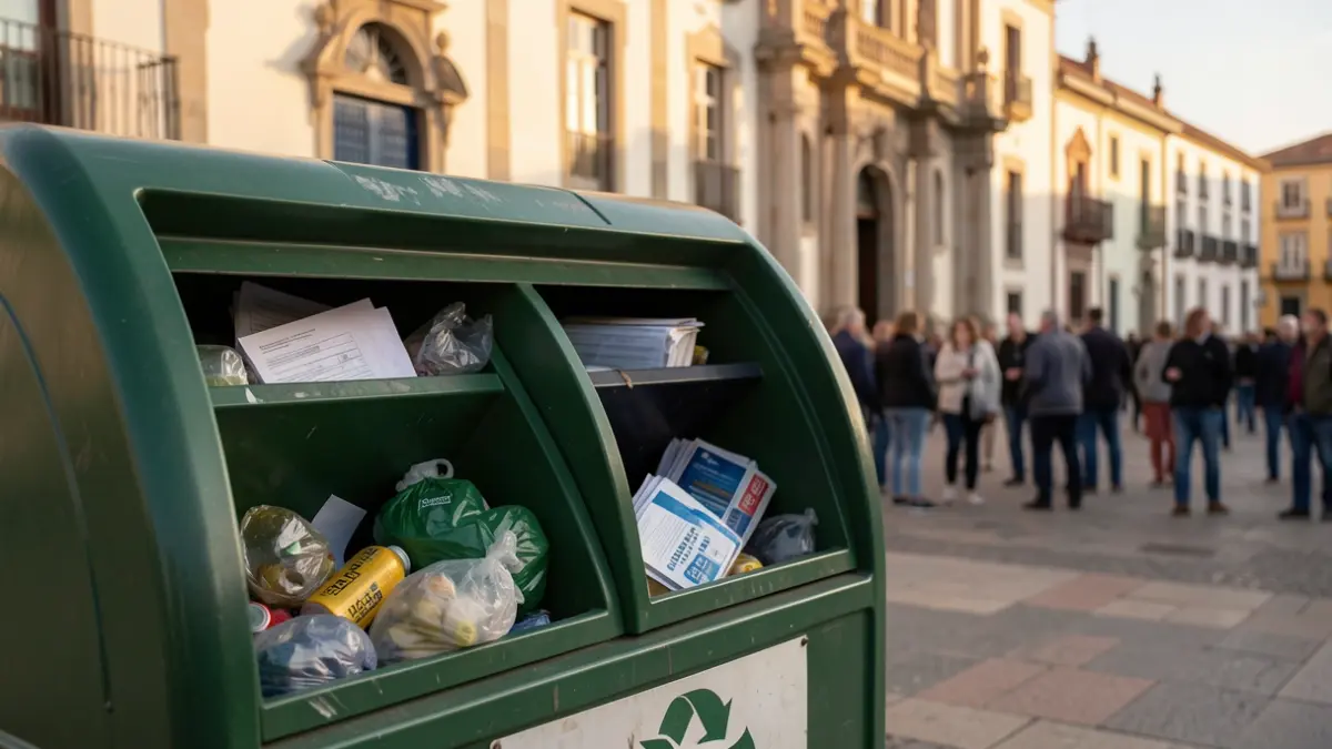 Imagen genérica de un contenedor de reciclaje con varios compartimentos, con el fondo desenfocado de la fachada de un ayuntamiento canario.