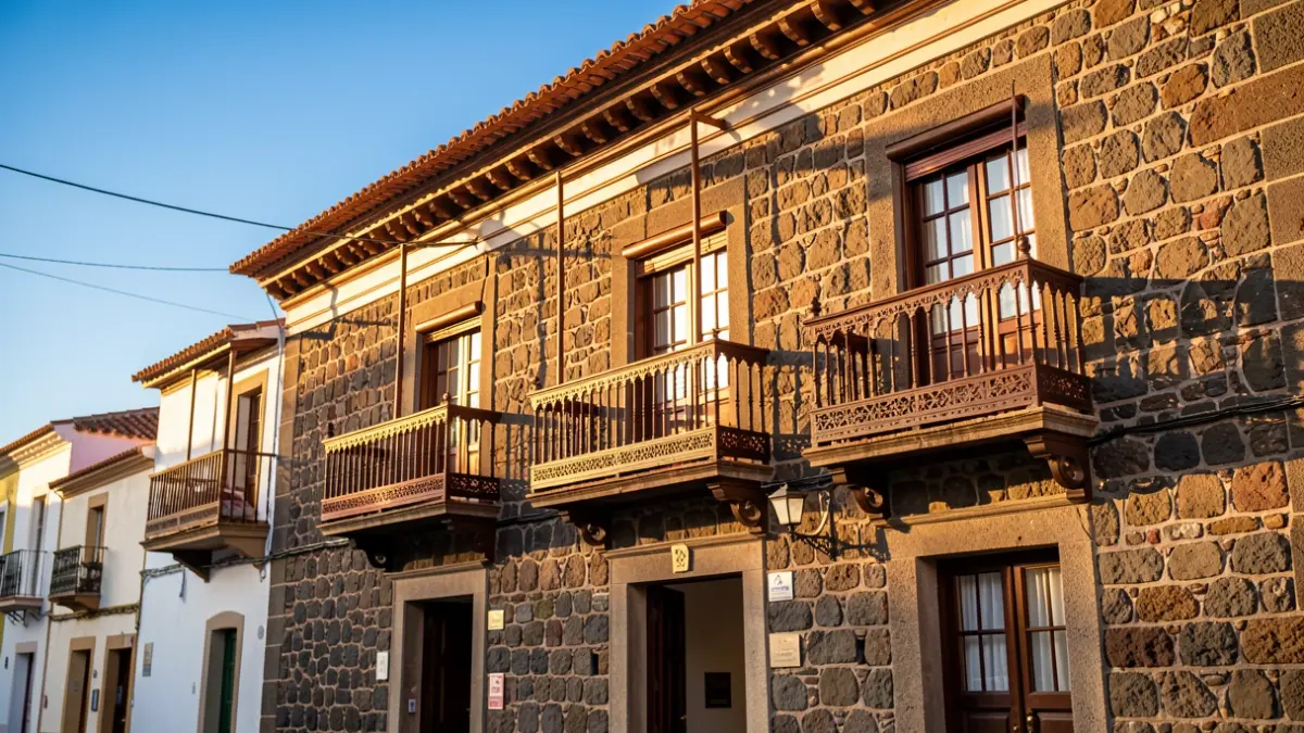 Generic image of a Canarian town hall facade with traditional architecture, ornate balconies, and afternoon sunlight.