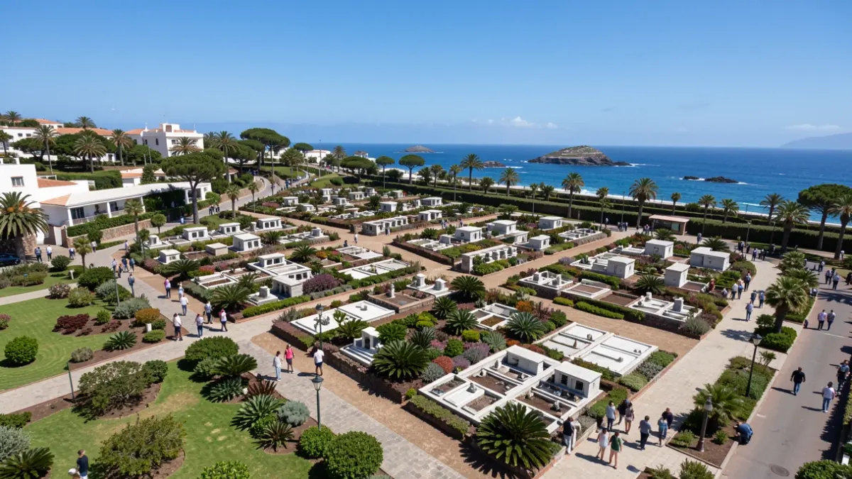 Aerial view of the expansion of a municipal cemetery in Tacoronte with new niches and landscaped areas.