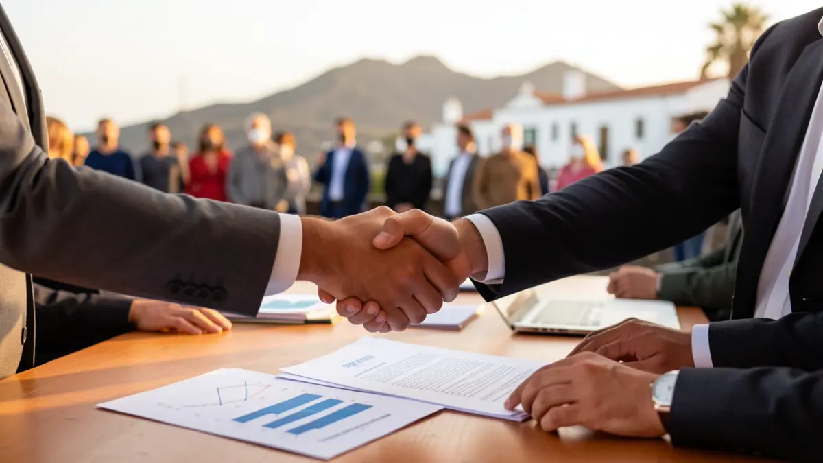 Symbolic image of employment improvement in Tacoronte, with hands exchanging documents and progress charts.