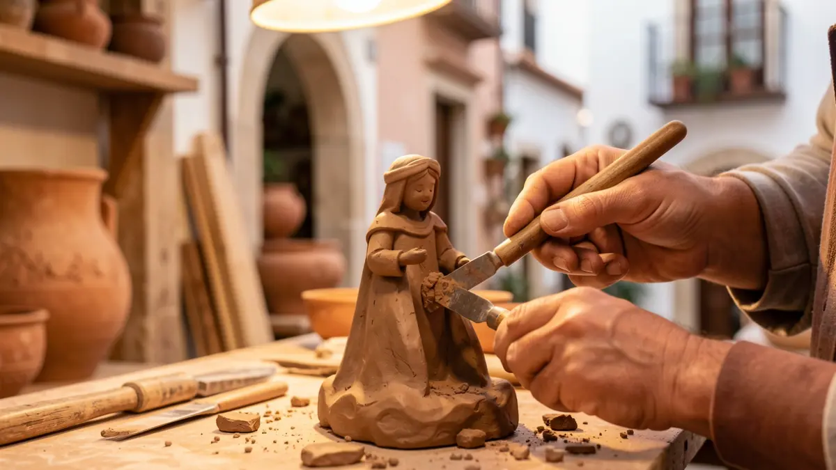 Imagen genérica de manos modelando figuras de cerámica para un belén en un taller municipal.