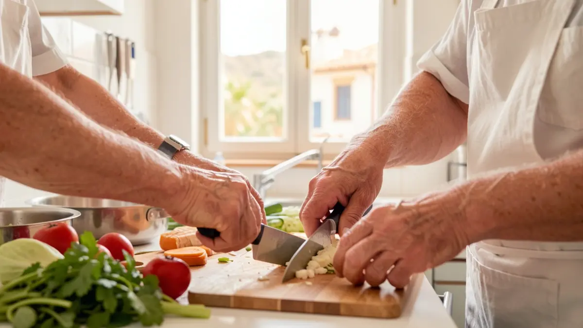 Generic image of two elderly hands cooking together in a bright kitchen.
