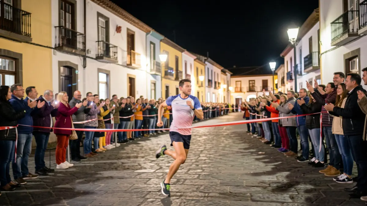 Imagen genérica de una carrera nocturna con corredores cruzando la meta en un entorno urbano con luces borrosas.