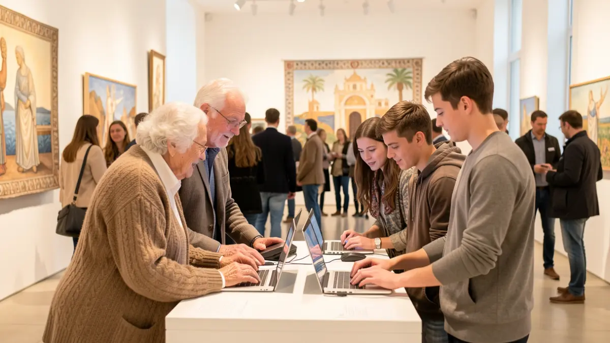 Elderly people and young people interacting with technology at a fair, with Canarian cultural elements in the background.