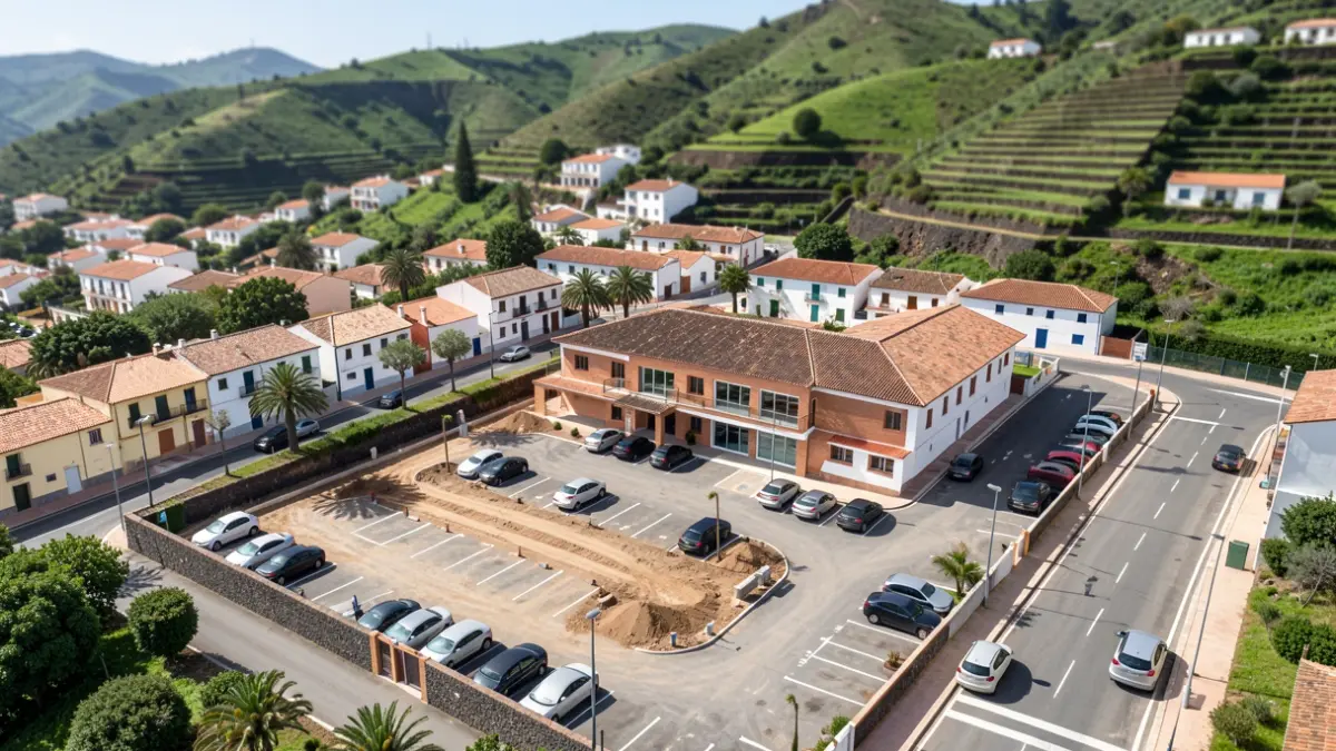Aerial view of the creation of new public spaces in Tegueste, featuring parking areas and a multi-use building under construction.