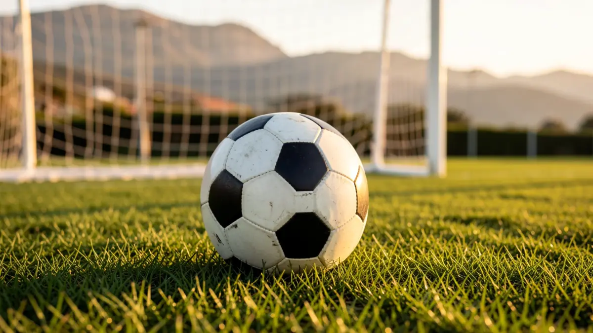 Generic image of a soccer ball on grass with the goal net blurred at sunset.