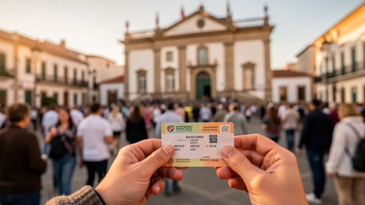 Generic image of a student's hand holding a bus ticket, with a blurred background of a Canary Islands town hall facade.