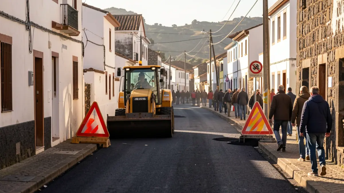 Generic image of asphalt paving work on a street in a Canarian village with machinery and temporary signage.