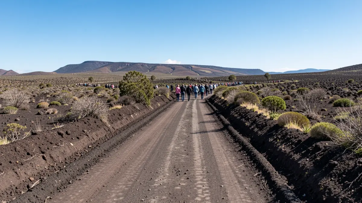 Generic image of a rural dirt road in a volcanic landscape with sparse vegetation and a blue sky.