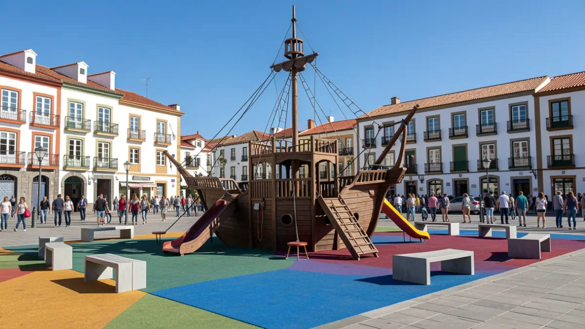 Generic image of a pirate ship playground structure in a renovated children's park with modern urban furniture and traditional Canarian architecture.