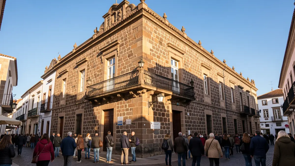 Imagen genérica de la fachada de un ayuntamiento canario de piedra con balcón y barandillas de hierro, bajo la luz del sol de la tarde.