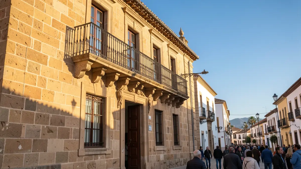 Generic image of a Canarias town hall facade with a balcony and iron railings, under warm afternoon sunlight.