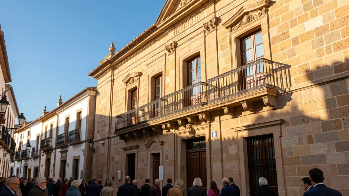 Imagen genérica de la fachada de un ayuntamiento con balcón y barandillas de hierro, luz de sol de la tarde, cielo azul.