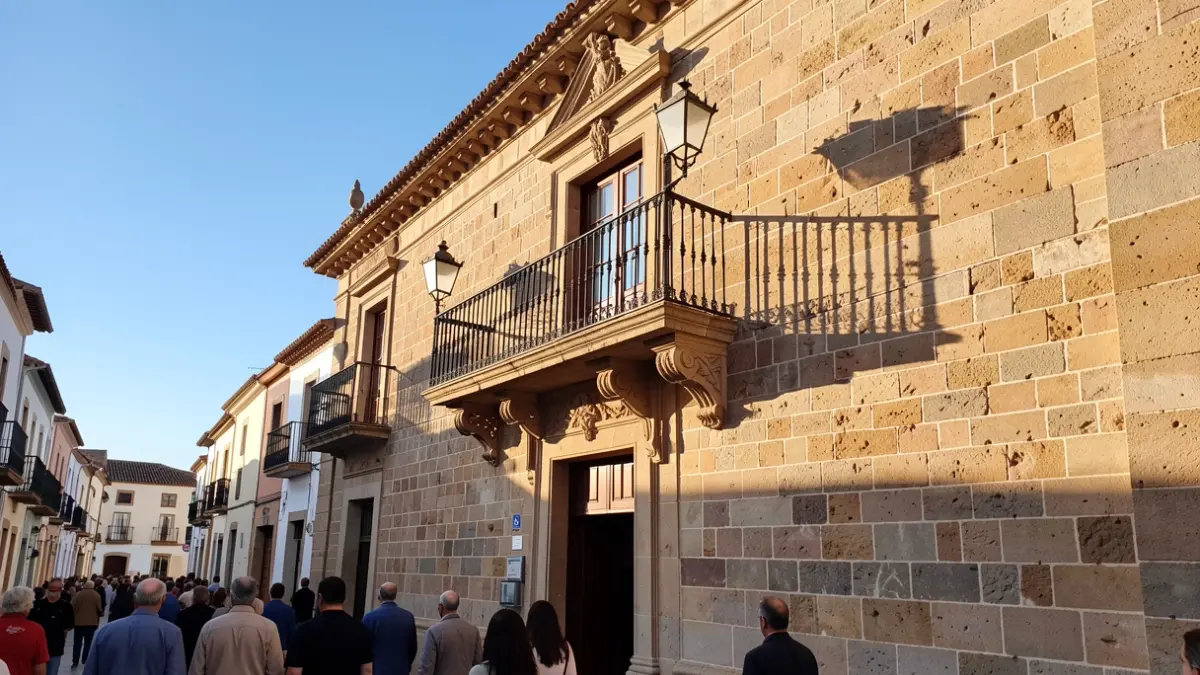 Imagen genérica de la fachada de un ayuntamiento de Canarias con balcón y barandillas de hierro, luz de tarde.