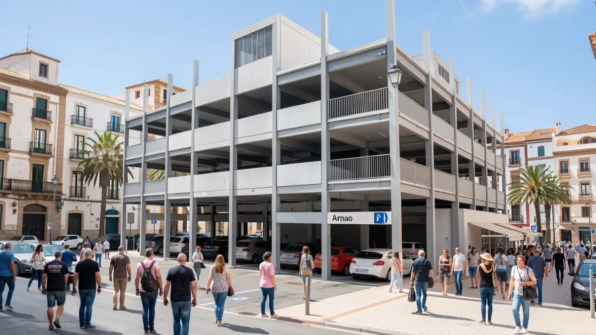 Imagen genérica de una moderna estructura de aparcamiento modular de varios niveles en un área urbana soleada, con arquitectura canaria al fondo.