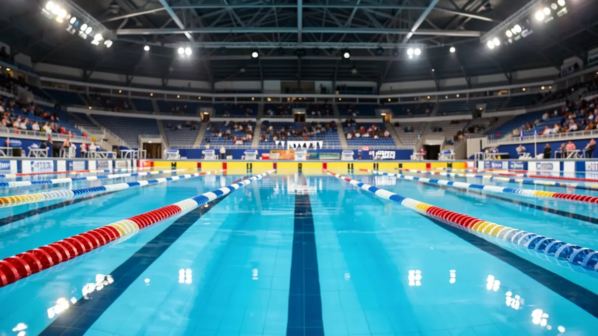 Municipal swimming pool with lane ropes and spectator stands.
