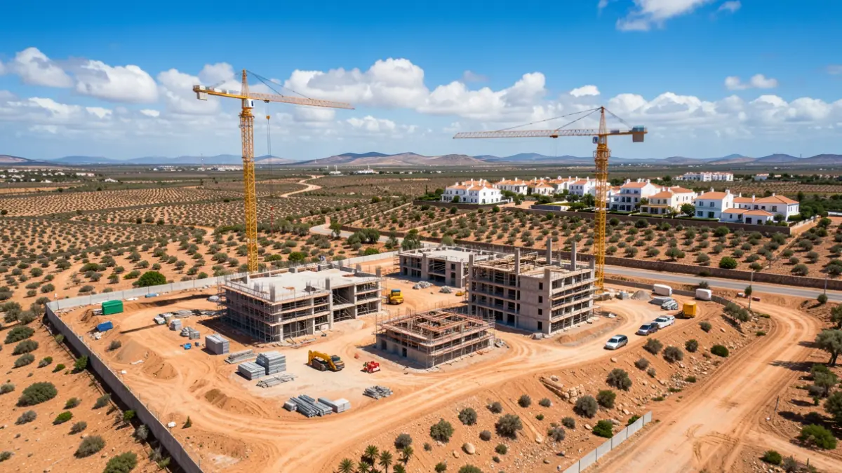 Imagen genérica de un sitio de construcción residencial en un paisaje semiárido con grúas y estructuras parcialmente construidas.
