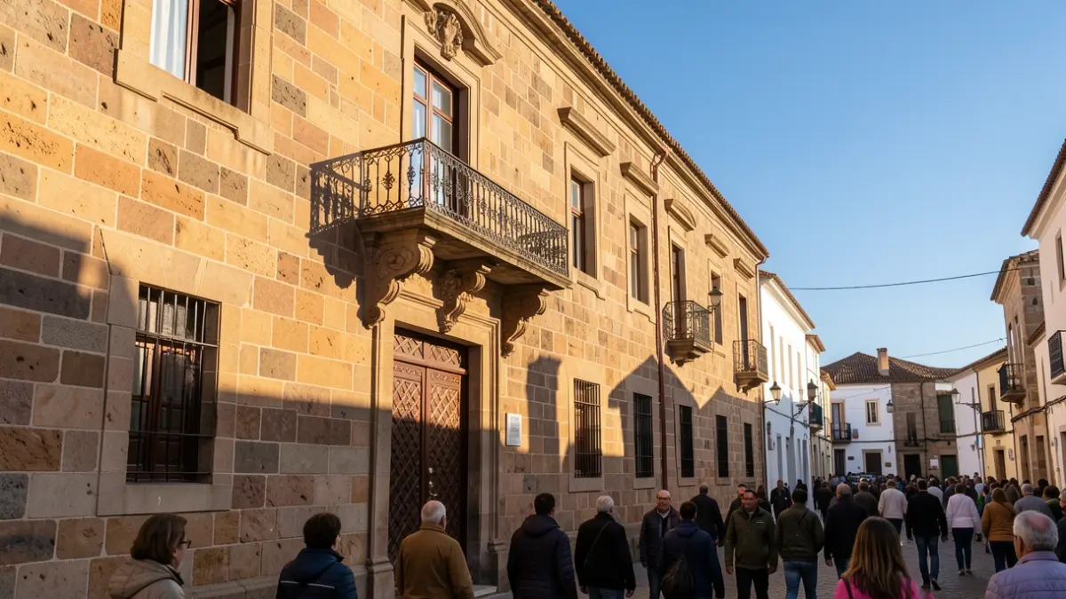 Imagen genérica de la fachada de un ayuntamiento canario de piedra con balcón y barandillas de hierro, bajo la luz del sol de la tarde.