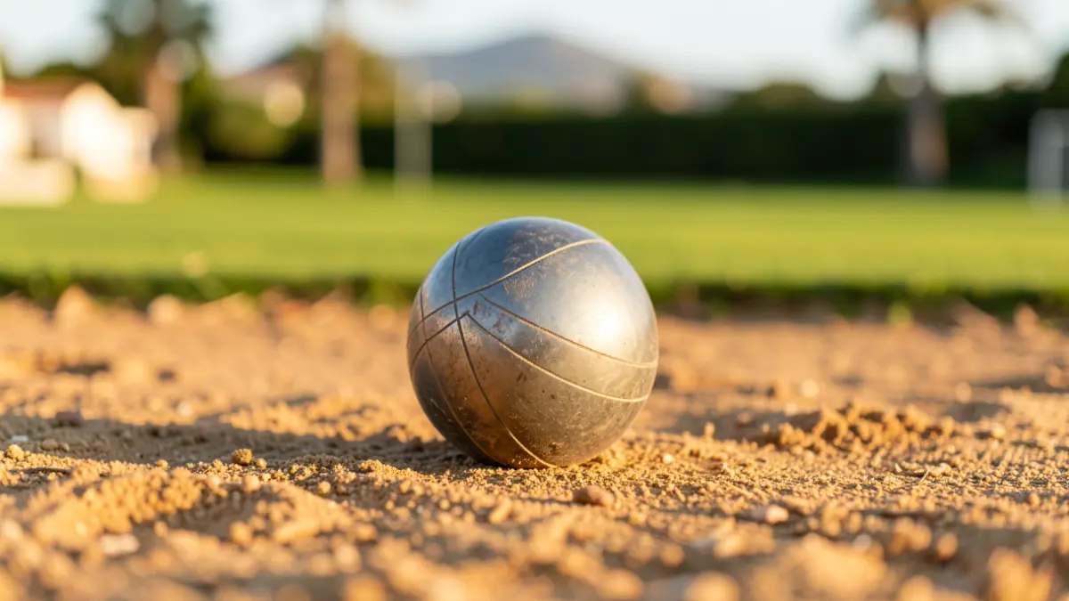 Bocce ball on sand with blurred playing field in the background.