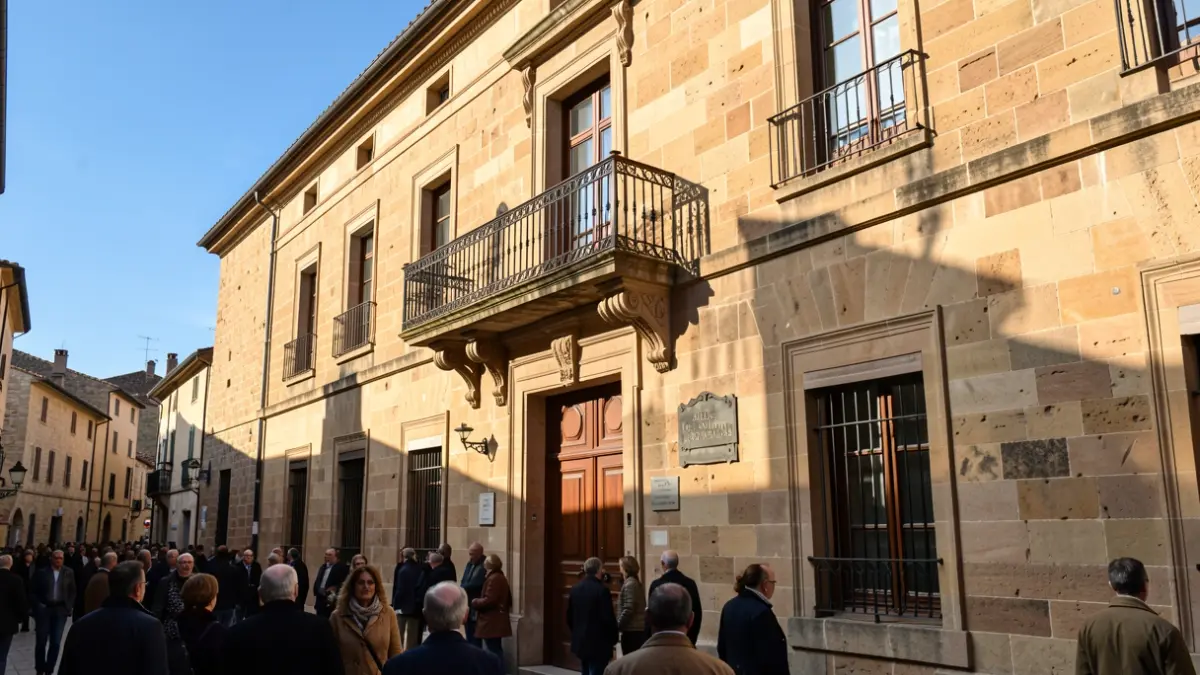 Imagen genérica de la fachada de un ayuntamiento tradicional con balcón ornamentado y barandillas de hierro, luz cálida de la tarde proyectando sombras sobre las paredes de arenisca, cielo azul, estilo fotografía documental.