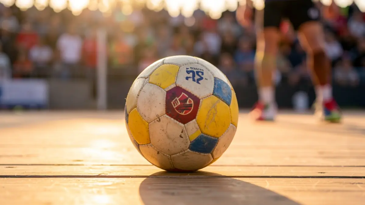 Generic image of a handball on a wooden surface, with blurred sports equipment in the background.