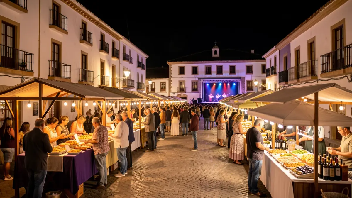 Generic image of a historic square in Canarias during a night event with food stalls and music.