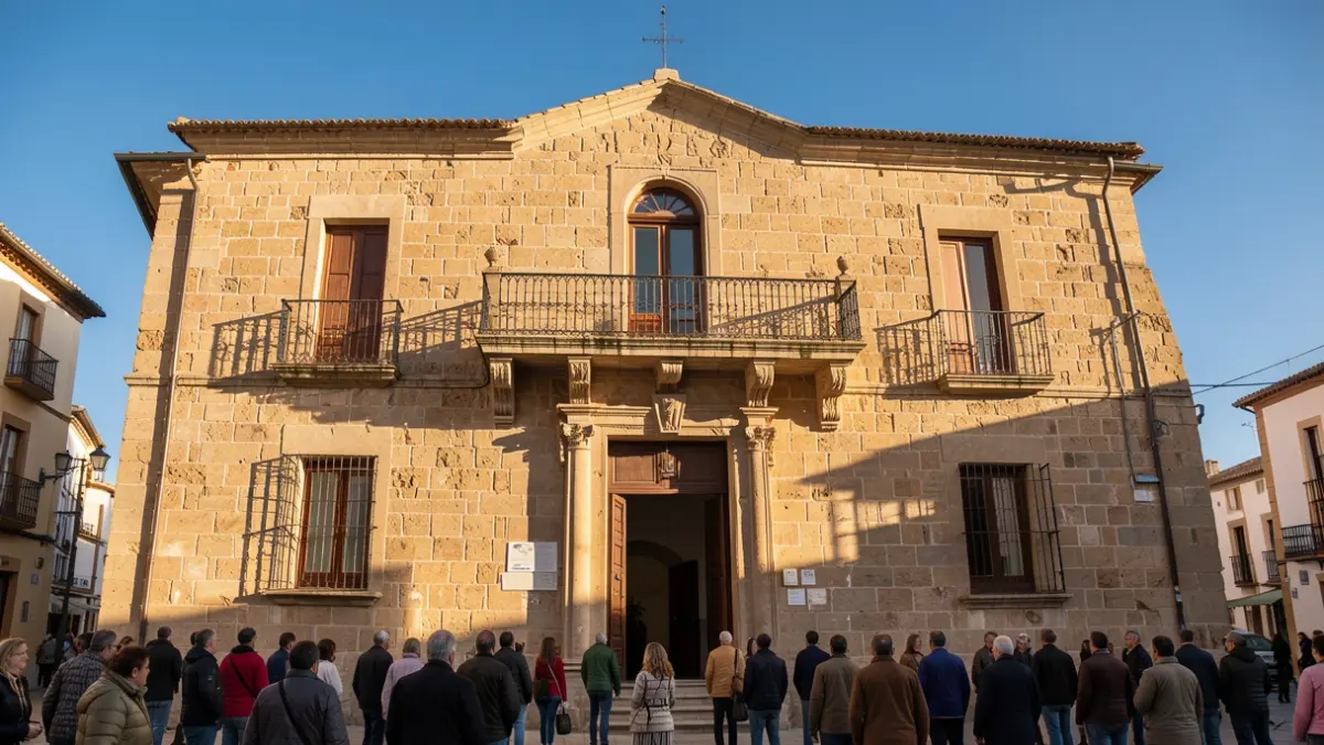 Imagen genérica de la fachada de un ayuntamiento de Canarias con balcón y barandillas de hierro, luz de tarde.