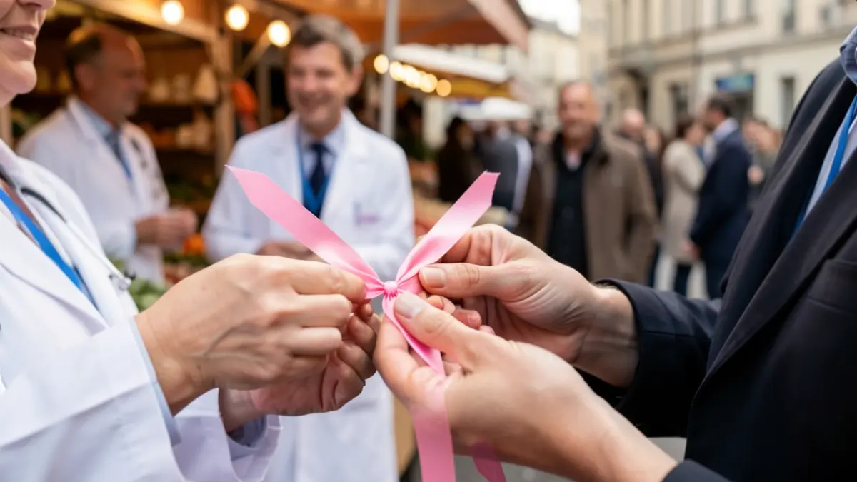 Generic image of pink ribbons being made at a market, with blurred medical staff and stalls in the background.
