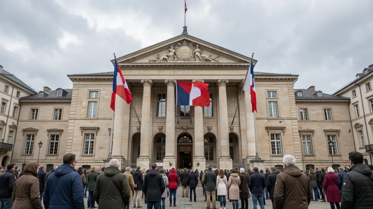 Generic image of a town hall facade with flags at half-mast.