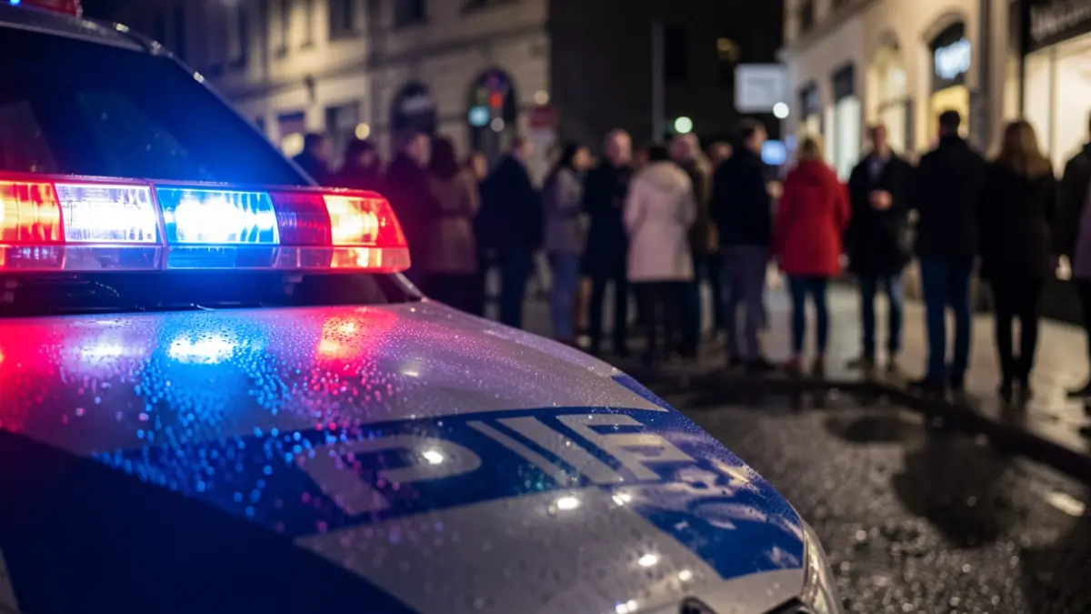 Generic image of police car emergency lights reflecting on wet asphalt at night.
