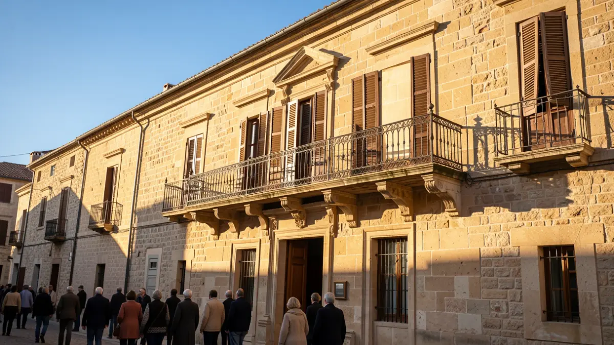 Generic image of a town hall facade with a balcony and iron railings, warm afternoon light, blue sky.
