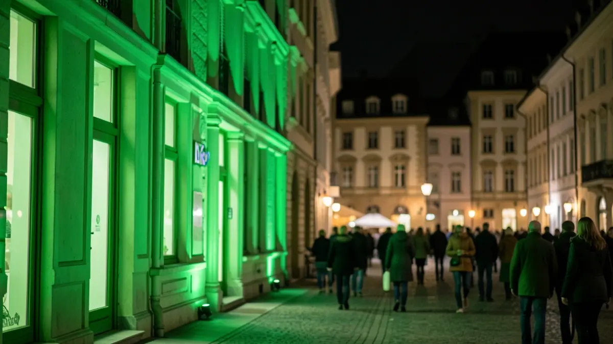 Imagen genérica de un edificio público iluminado de color verde por la noche.
