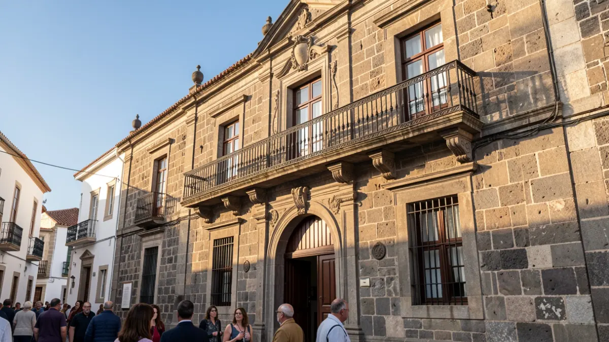 Generic image of a town hall facade with an iron balcony, under the afternoon sunlight.