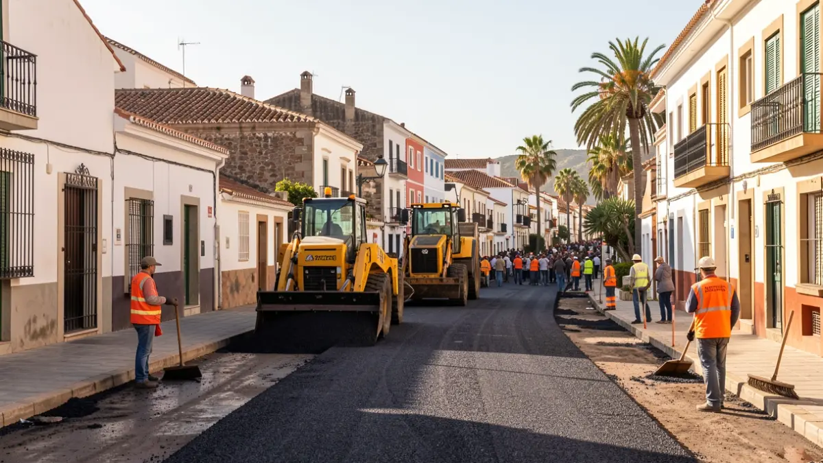 Imagen genérica de trabajos de asfaltado en una calle residencial de Canarias con maquinaria de obra y arquitectura tradicional al fondo.