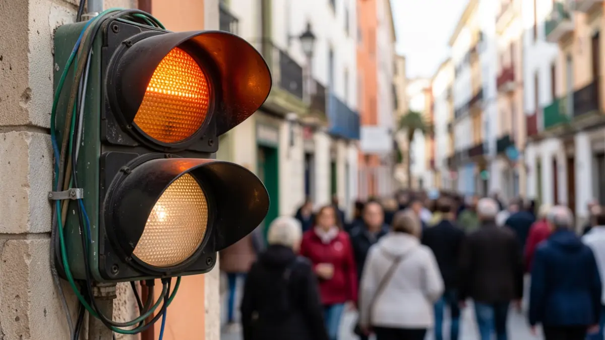 Generic image of a traffic light control box with blinking lights and wires in an urban setting.