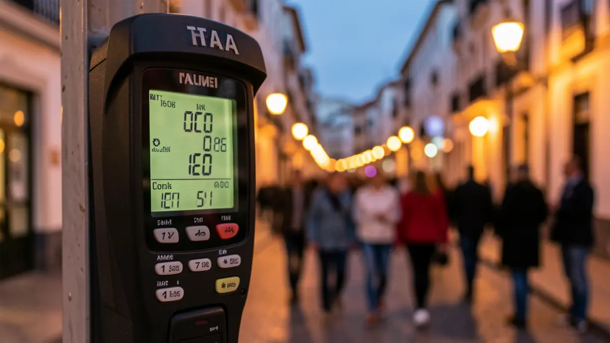 Imagen genérica de un taxímetro con una tarifa visible, con el fondo borroso de una calle urbana al atardecer.