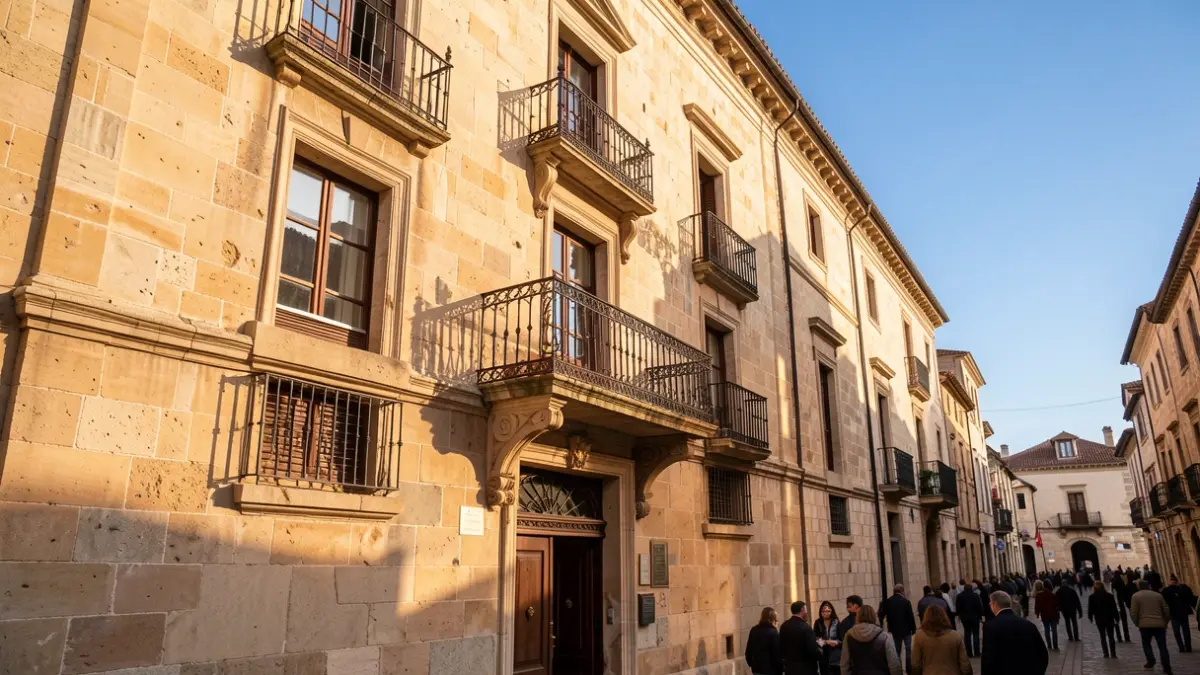 Imagen genérica de la fachada de un ayuntamiento con balcón y barandillas de hierro, luz de sol de la tarde, cielo azul.