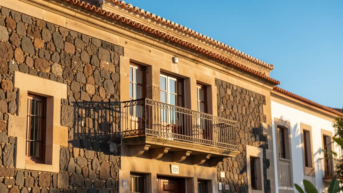 Generic image of a Canarian town hall facade with a balcony in the afternoon light.