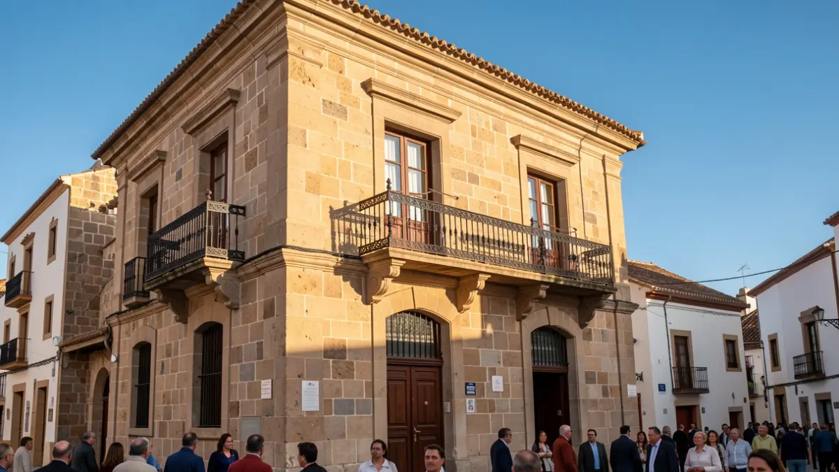 Facade of the Telde City Hall with a balcony and iron railings, under the afternoon sunlight.