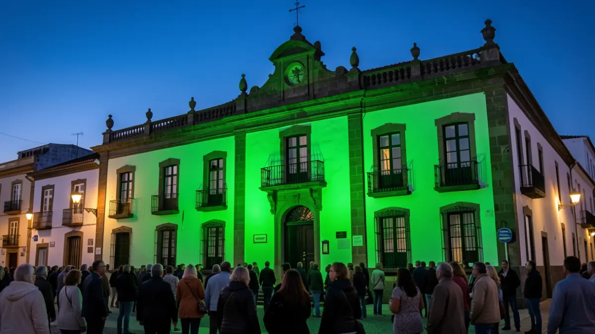 Facade of the Telde Town Hall illuminated in green for World Meningitis Day.