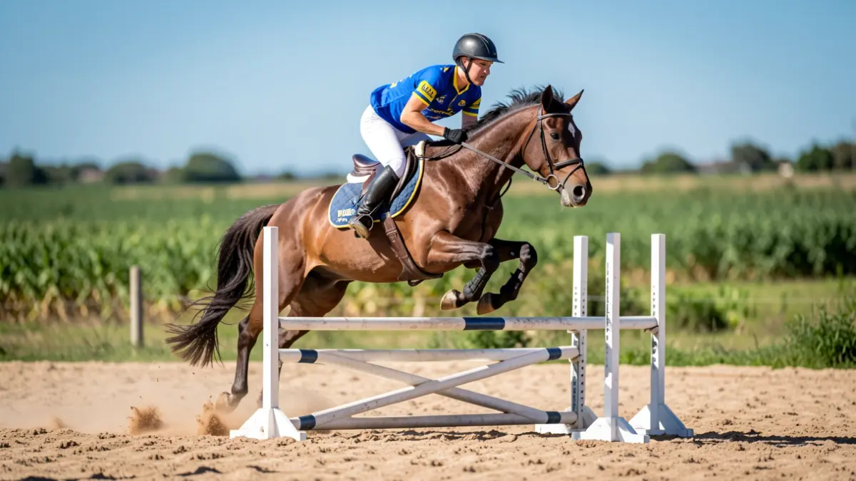 Un jinete y su caballo saltando un obstáculo en un campeonato de hípica en Canarias.